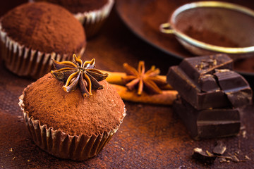 Cupcakes, cocoa, star anise, cinnamon and chocolate