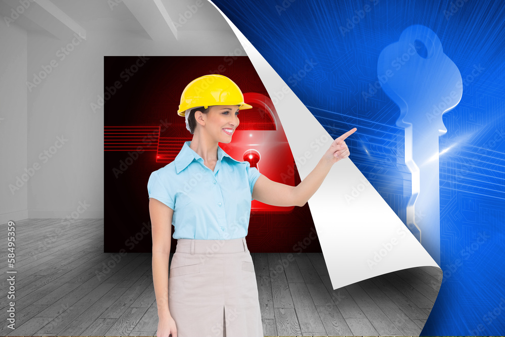 Poster Composite image of smiling attractive architect pointing