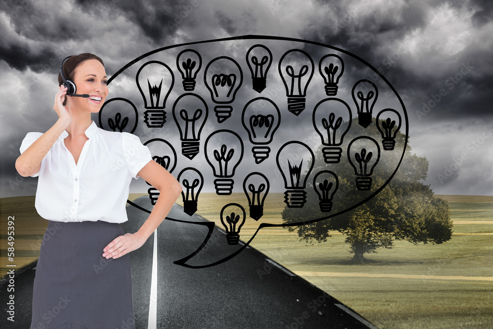Poster Composite image of cheerful smart call center agent working