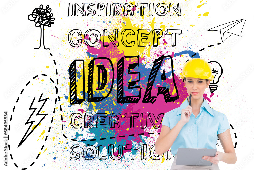 Poster composite image of thoughtful attractive architect holding clipb