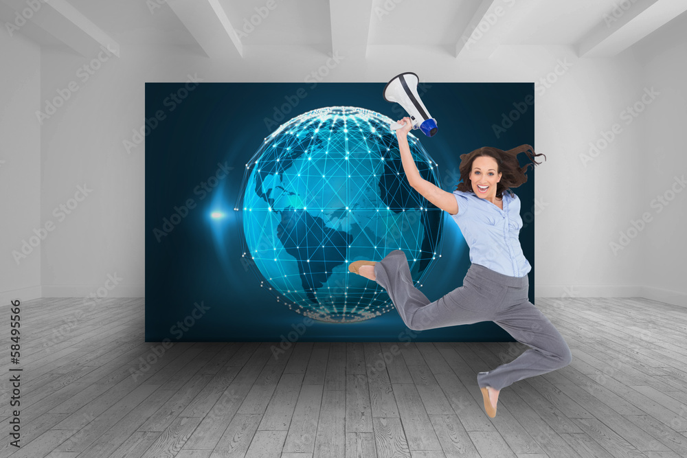 Poster composite image of cheerful classy businesswoman jumping while h
