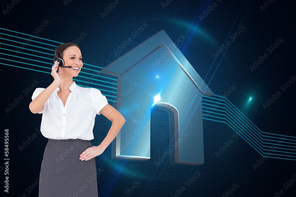 Poster Composite image of cheerful smart call center agent working