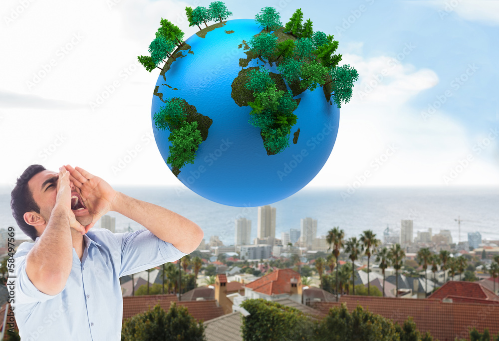 Poster Composite image of shouting casual man standing