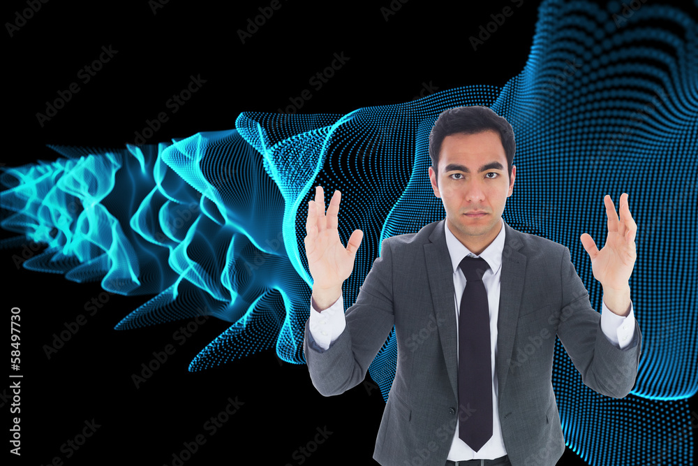 Poster composite image of unsmiling businessman with arms raised