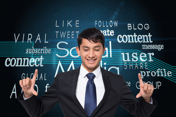 Obraz premium Composite image of smiling businessman holding