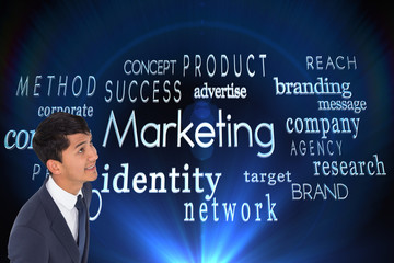 Composite image of smiling casual businessman walking