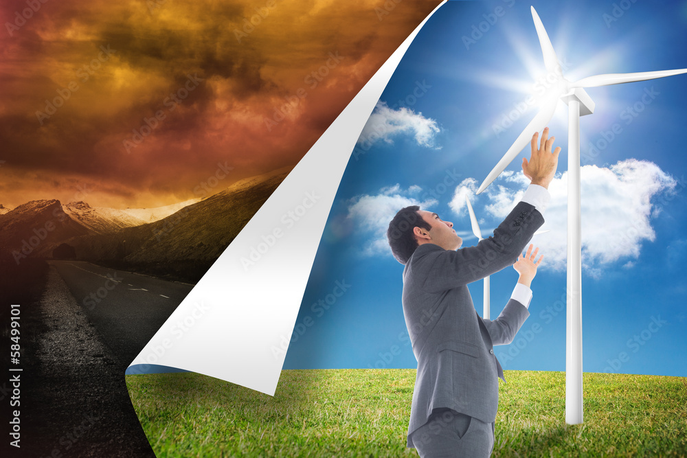 Poster composite image of unsmiling businessman with arms raised