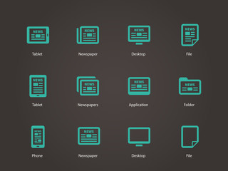 Newspaper icons on blue background.