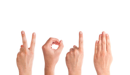 Obraz premium Man Hands Forming Number 2014 On a White Background