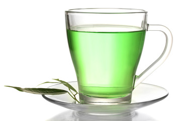 Transparent cup of green tea, isolated on white