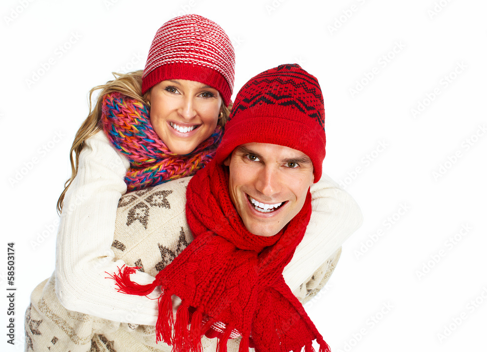 Sticker happy christmas couple in winter clothing.