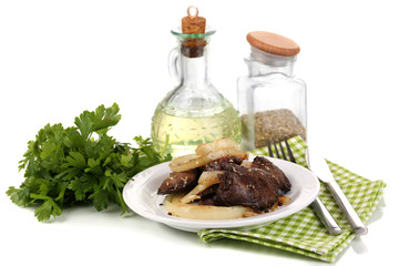 Appetizing fried chicken livers on plate isolated on white