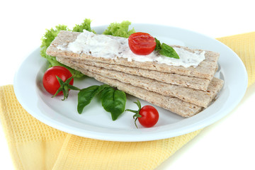 Fototapeta na wymiar Tasty crispbreads with vegetables, isolated on white