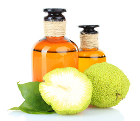 Osage Orange fruits (Maclura pomifera) and medicine bottles,