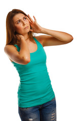 woman pain stress tired headache, holding hands his behind head,