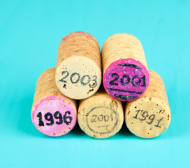 Wine corks on wooden table close-up