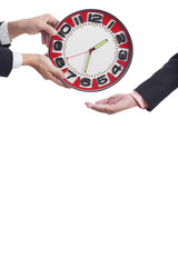 Man holding clock hands.