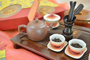 Traditional chinese tea pot and tea pair on the tea table