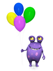 A spotted monster holding balloons.