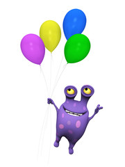 A spotted monster flying with balloons.