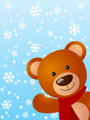 Funny bear on winter background