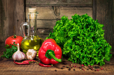 Raw ingredients for cooking in rustic setting