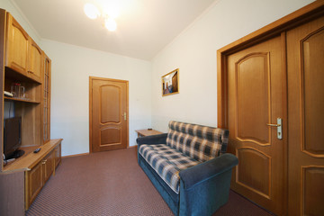 Small living room with a blue checkered sofa
