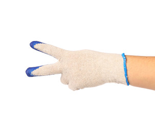 Hand shows two in rubber protective glove