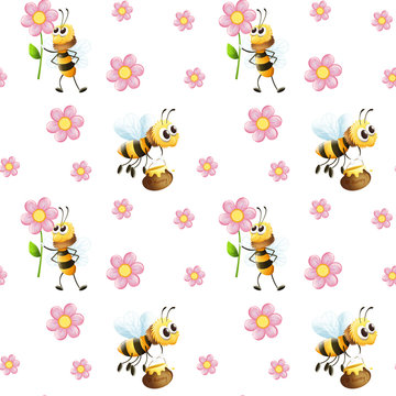 Seamless design with bees and flowers