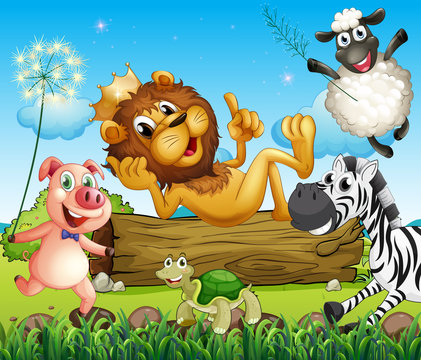 A king lion surrounded with animals