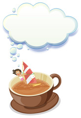 A girl enjoying inside the big cup of choco with an empty callou