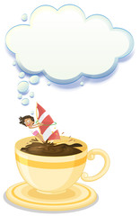 A big cup of choco drink with a girl playing