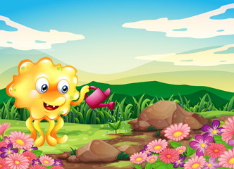 Naklejka premium A happy monster watering the plants at the hilltop with flowers