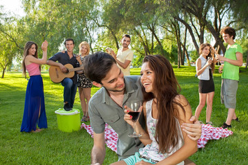 Young couple enjoying a picnic with friends.