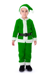 Fototapeta na wymiar Little boy in green Santa Claus costume