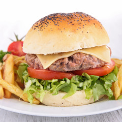 burger on plate with french fries