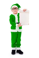 Little green Santa Claus boy showing wish list