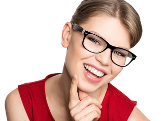 Happy smiling optician woman wearing spectacles, isolated