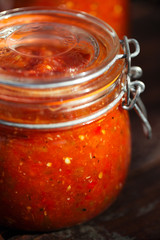 Jar of home made classic spicy Tomato salsa