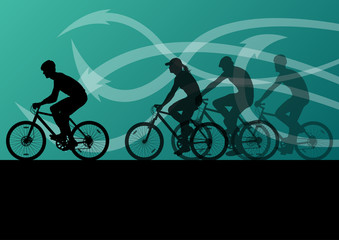 Active men cyclists bicycle riders in abstract arrow line landsc