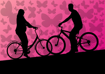 Active young family cyclists bicycle riders active sport silhoue