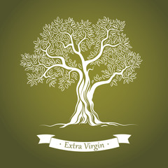 Olive tree on green paper. Olive oil.  For labels, pack.