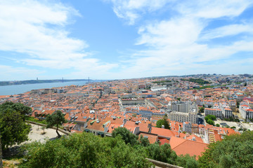 Fototapeta na wymiar Lisbon Baixa district skyline and 25 de Abril Bridge