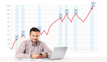 Businessman calculating stock market with rising graph in the ba