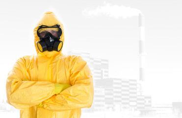 Worker in protective chemical suit. Space for your text.