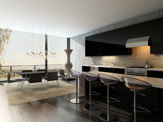 Moderne schwarze Küche mit Esstisch