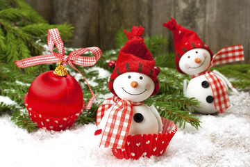 Christmas Decorations with snowmen and christmas baubles
