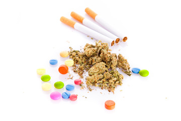 marihuana and pills on white background, smoker
