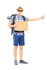 Full length portrait of a male tourist with backpack hitchhiking