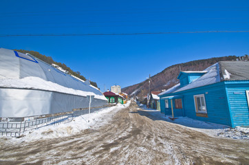 Group of houses. Listvyanka settlement, Lake Baikal, Russia.